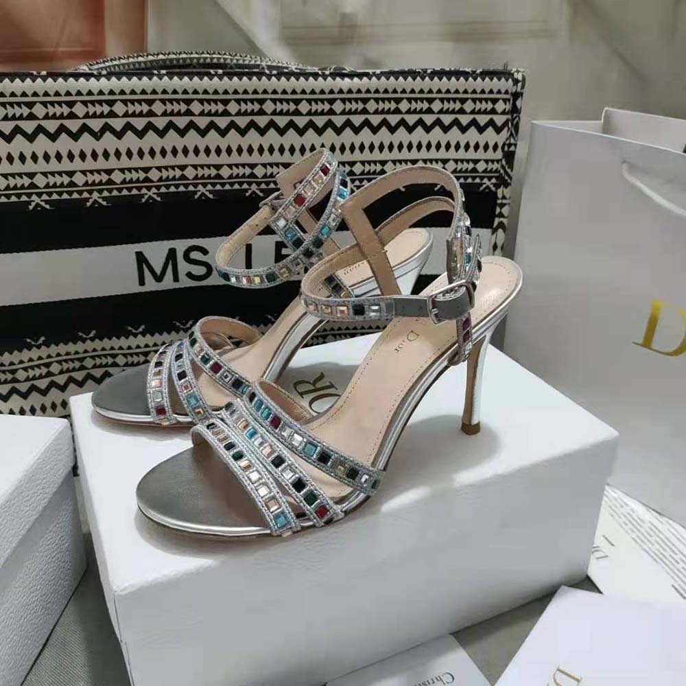 Dior Women Gem Heeled Sandal Silver-Tone Cotton Embroidered 3 Dior Women Gem Heeled Sandal Silver-Tone Cotton Embroidered - Image 3