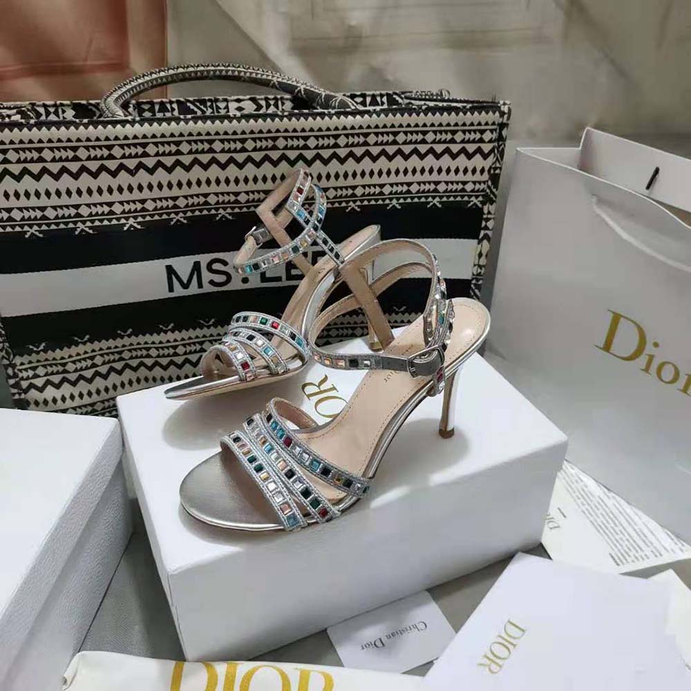 Dior Women Gem Heeled Sandal Silver-Tone Cotton Embroidered 2 Dior Women Gem Heeled Sandal Silver-Tone Cotton Embroidered - Image 2
