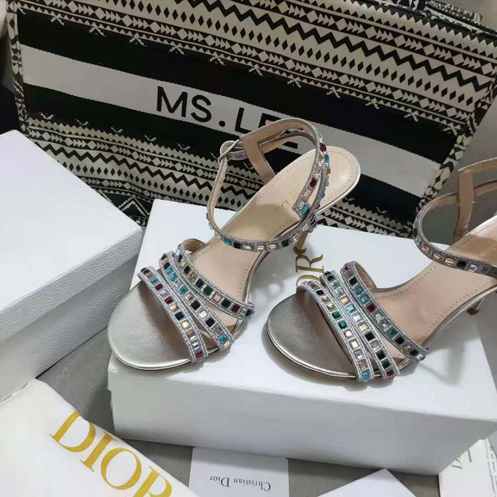 Dior Women Gem Heeled Sandal Silver-Tone Cotton Embroidered 4 Dior Women Gem Heeled Sandal Silver-Tone Cotton Embroidered - Image 4
