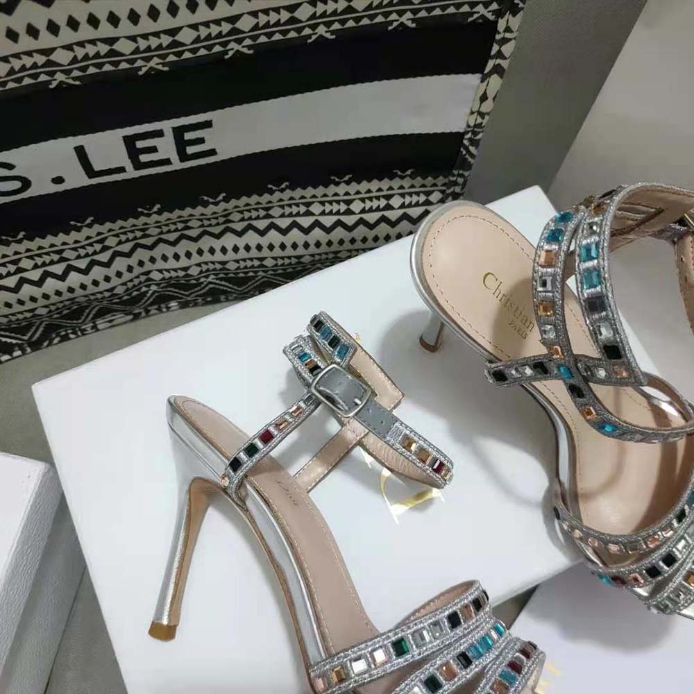 Dior Women Gem Heeled Sandal Silver-Tone Cotton Embroidered 5 Dior Women Gem Heeled Sandal Silver-Tone Cotton Embroidered - Image 5