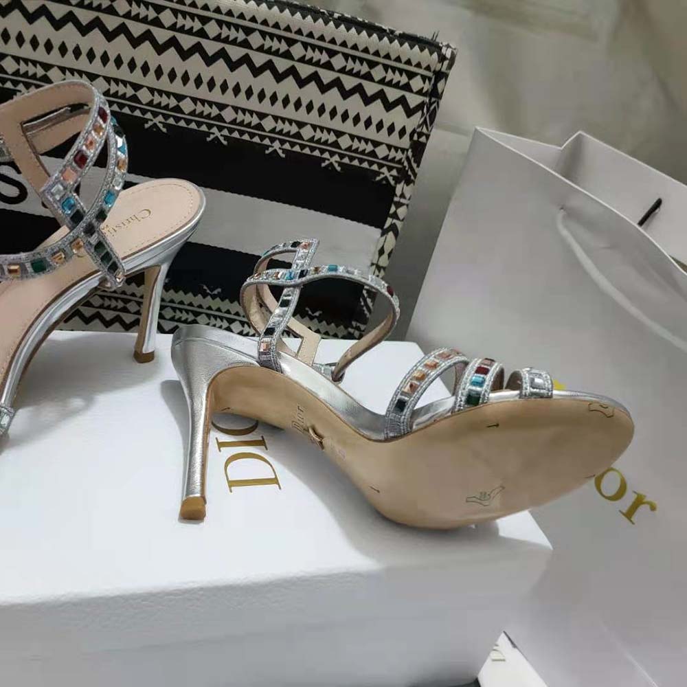 Dior Women Gem Heeled Sandal Silver-Tone Cotton Embroidered 7 Dior Women Gem Heeled Sandal Silver-Tone Cotton Embroidered - Image 7