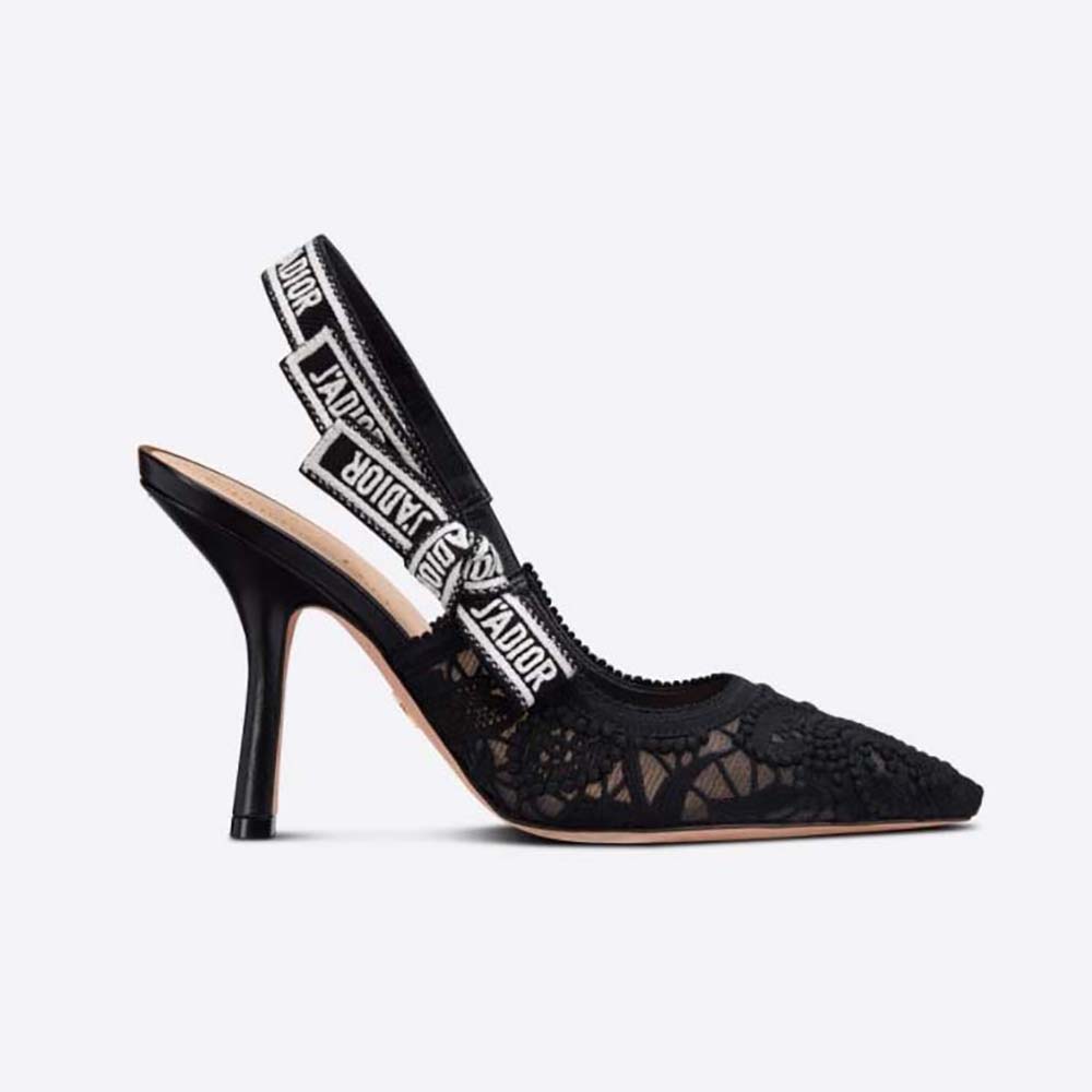 Dior Women J Adior Slingback Pump Black Macramé Embroidered Cotton