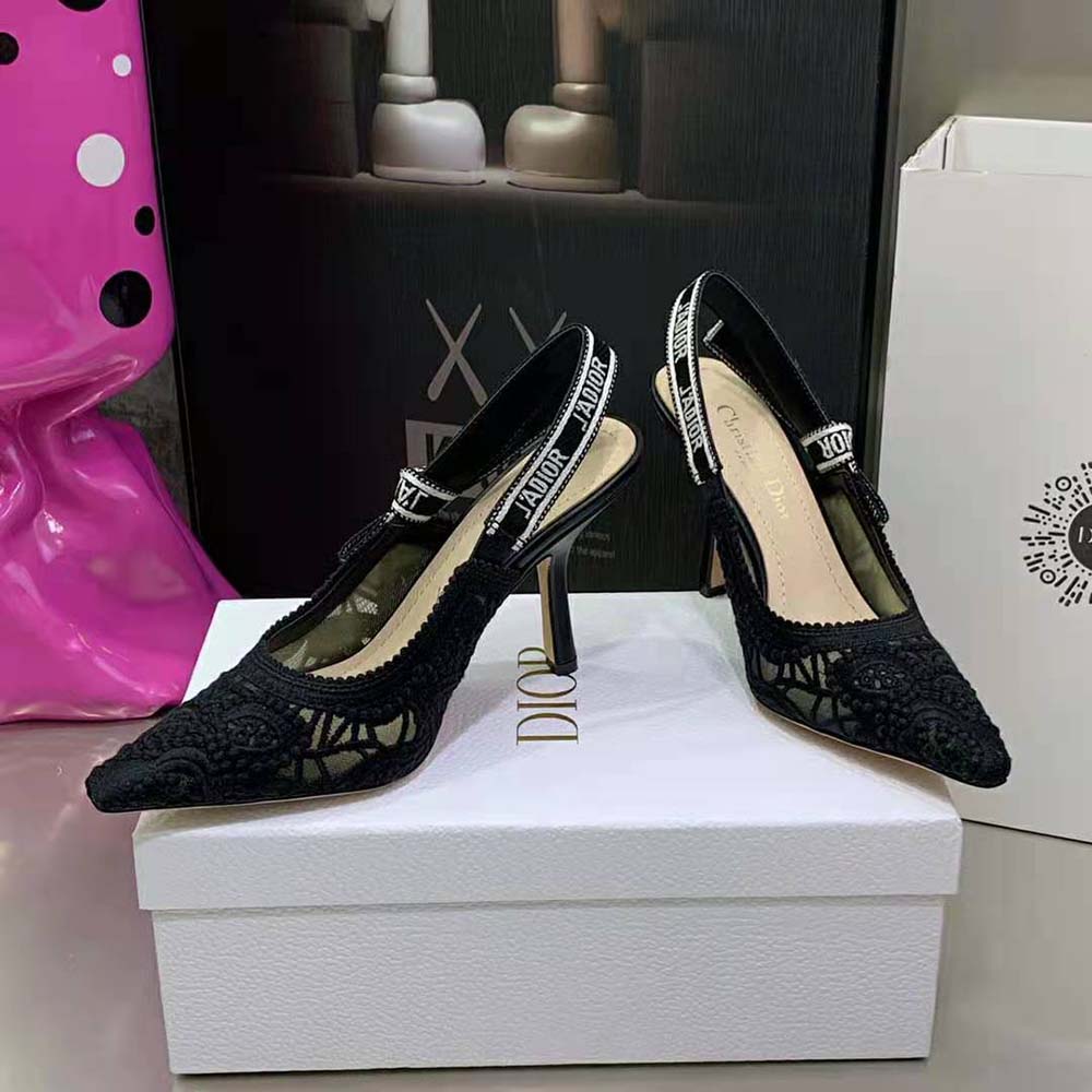 Dior Women J Adior Slingback Pump Black Macramé Embroidered Cotton 4 Dior Women J Adior Slingback Pump Black Macramé Embroidered Cotton - Image 4