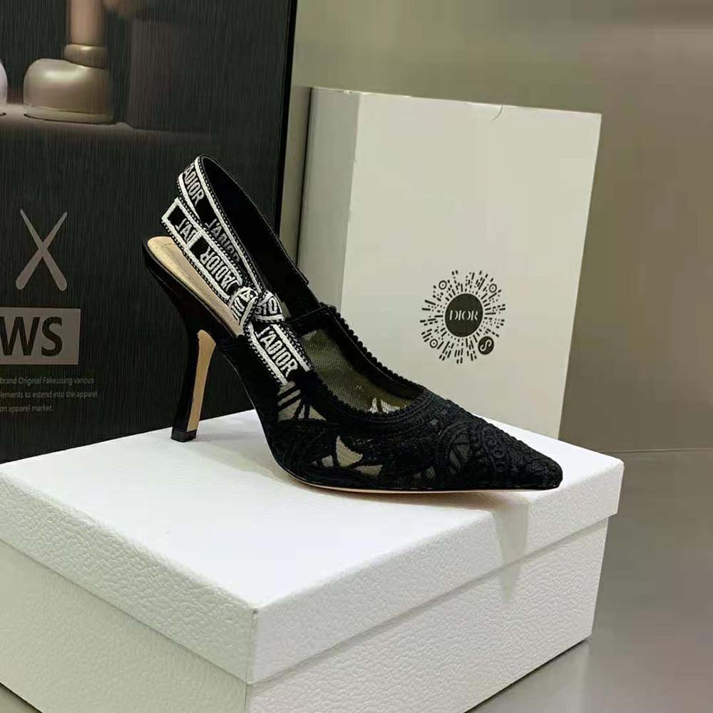 Dior Women J Adior Slingback Pump Black Macramé Embroidered Cotton 7 Dior Women J Adior Slingback Pump Black Macramé Embroidered Cotton - Image 7