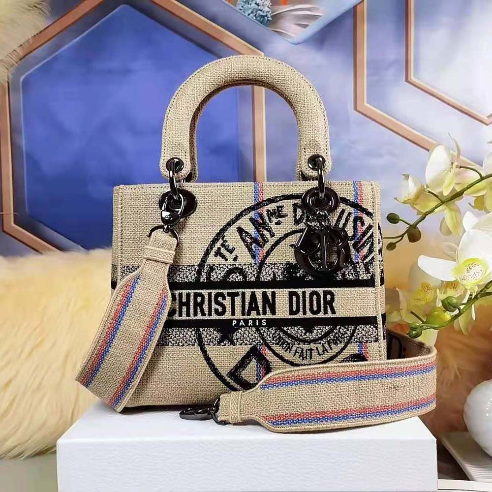 Túi xách Dior Lady Beige Jute Canvas Embroidered with Dior Union Motif