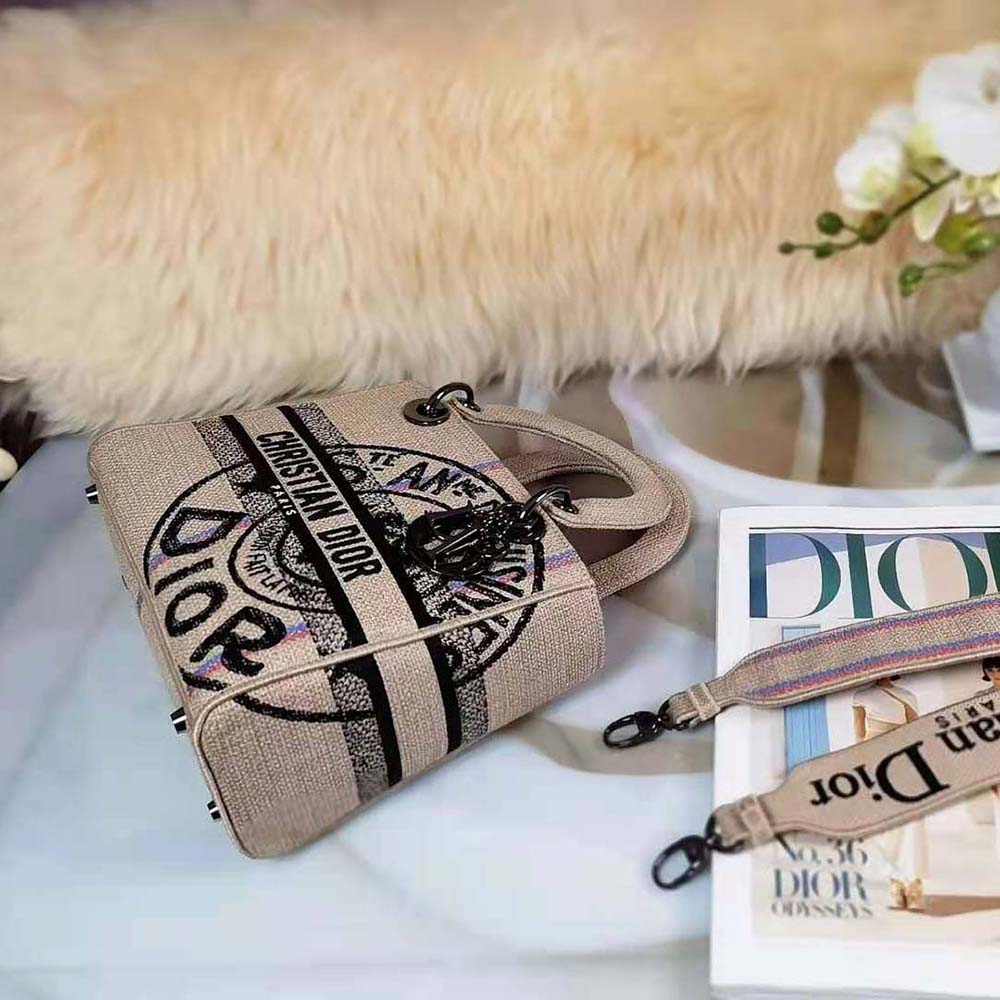 Dior Women Medium Lady D-Lite Bag Beige Jute Canvas Embroidered 