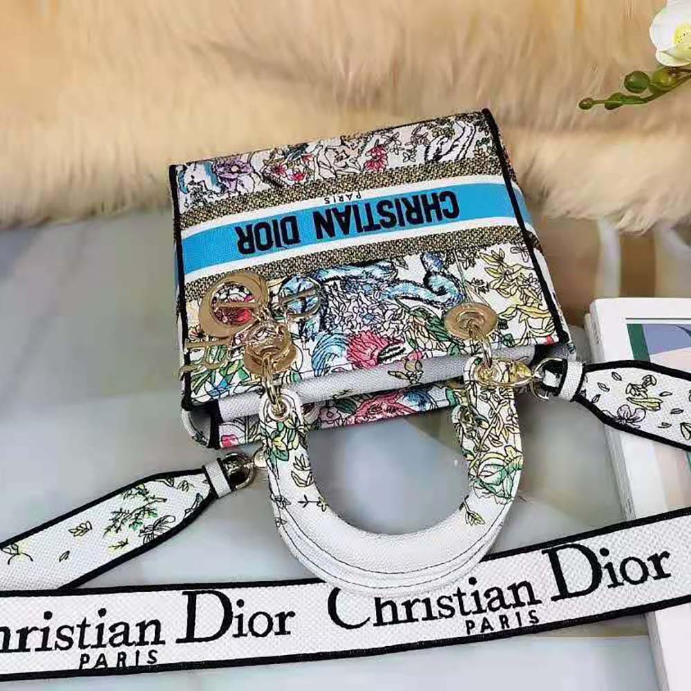 Mini Lady Dior Bag Latte Calfskin Embroidered with Multicolor Small Flowers
