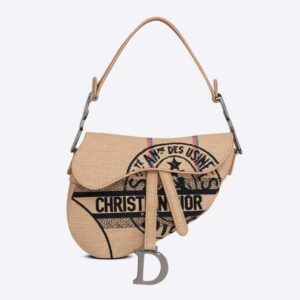 Dior Women Saddle Bag Beige Jute Canvas Embroidered with Dior Union Motif
