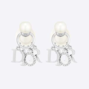 Dior Women Tribales Earrings Silver-Finish Metal with White Resin Pearls and White Crystals