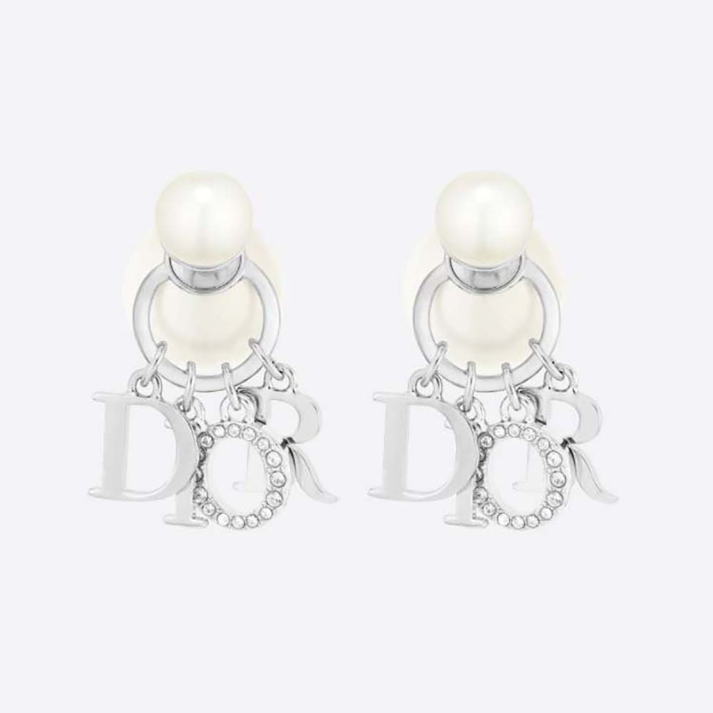 Dior - Dior Tribales Earrings Silver-finish Metal with White Resin Pearls and White Crystals - Women Jewelry