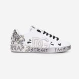 Dolce Gabbana D&G Men Printed Calfskin Nappa Portofino Sneakers with DG Logo and Embroidery-Silver