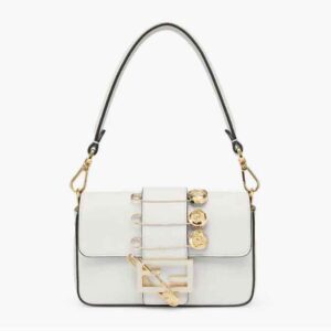 Fendi Women Brooch Mini Baguette Fendace White Leather Bag