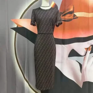 Fendi Women Brown Micro Mesh Dress with Pared-Down Silhouette