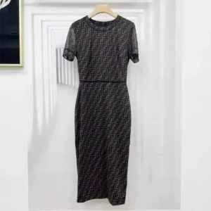 Fendi Women Brown Micro Mesh Dress with Pared-Down Silhouette