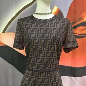 Fendi Women Brown Micro Mesh Dress with Pared-Down Silhouette