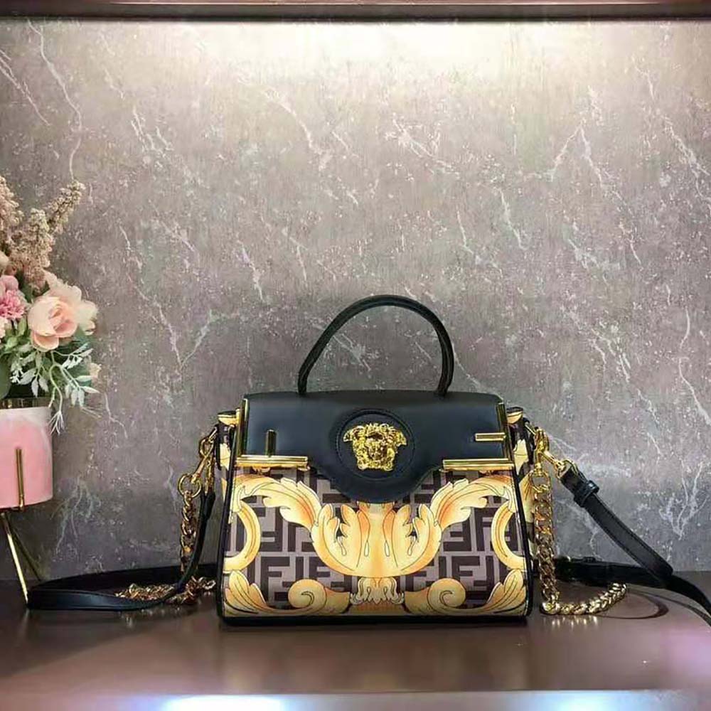 Versace x Fendi Fendace La Medusa Top Handle Bag Printed Laminated Leather  with Leather Medium Black 2108511