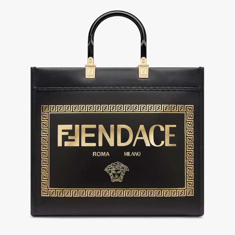 Fendi Women Sunshine Medium Fendace Printed Black Leather Logo Shopper