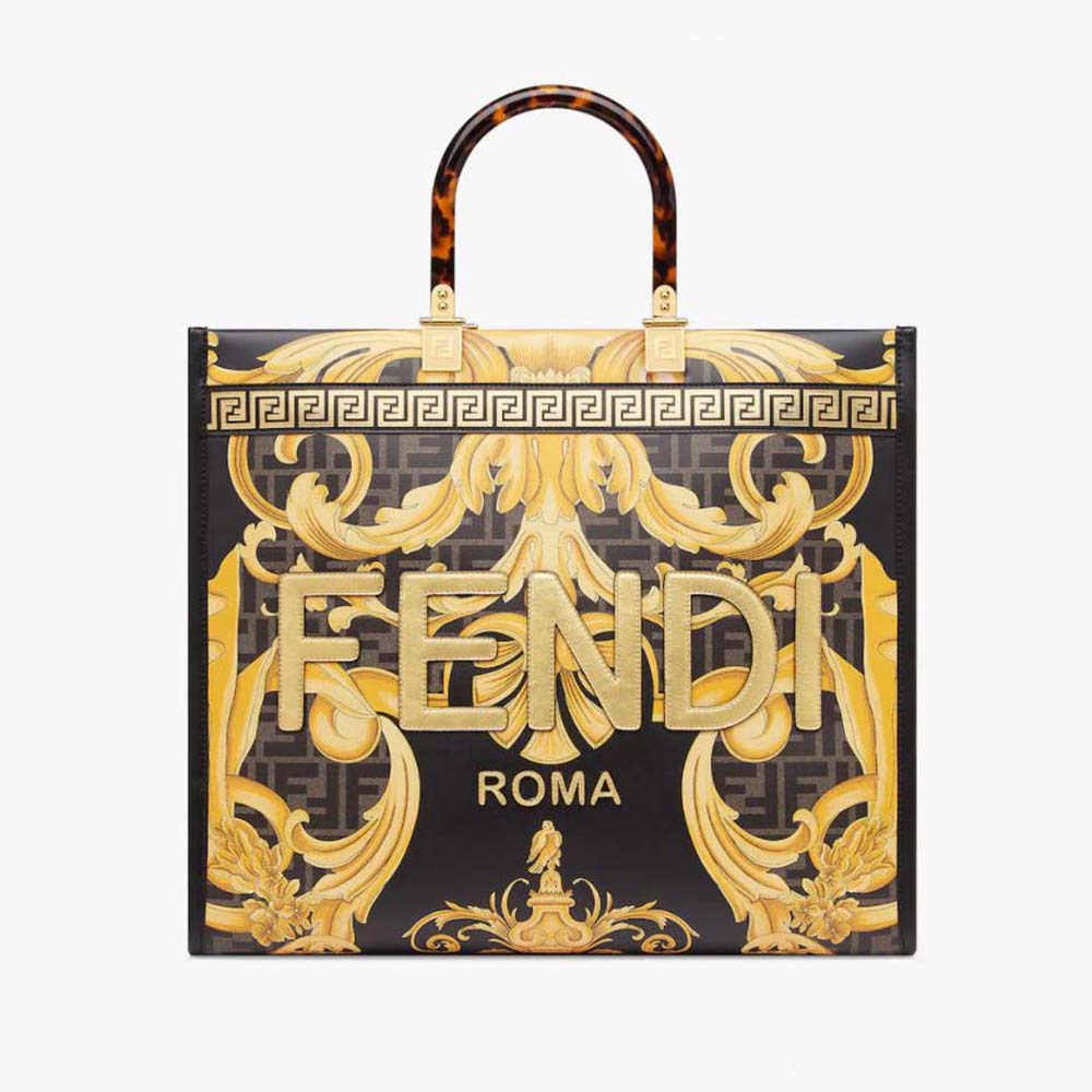 Fendi Fendace Sunshine Tote Bag Gold Baroque Print in Leather