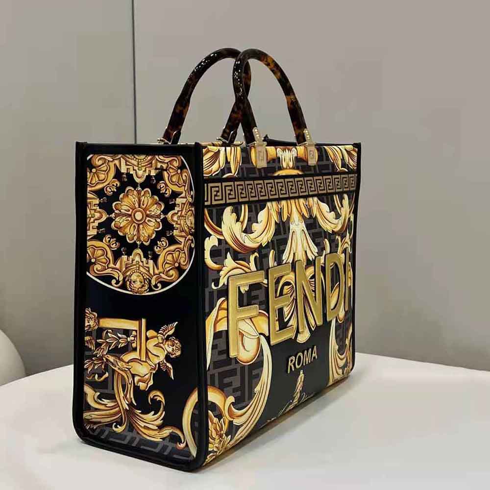 Fendi Fendace Sunshine Tote Bag Gold Baroque Print in Leather