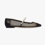 Jimmy Choo Women Ade Flat Black Fishnet Mesh and Nappa Flats with Pearl-Embellished Strap