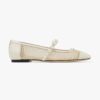 Jimmy Choo Women Ade Flat White Fishnet Mesh and Latte Nappa Flats with Pearl-Embellished Strap