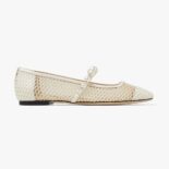 Jimmy Choo Women Ade Flat White Fishnet Mesh and Latte Nappa Flats with Pearl-Embellished Strap