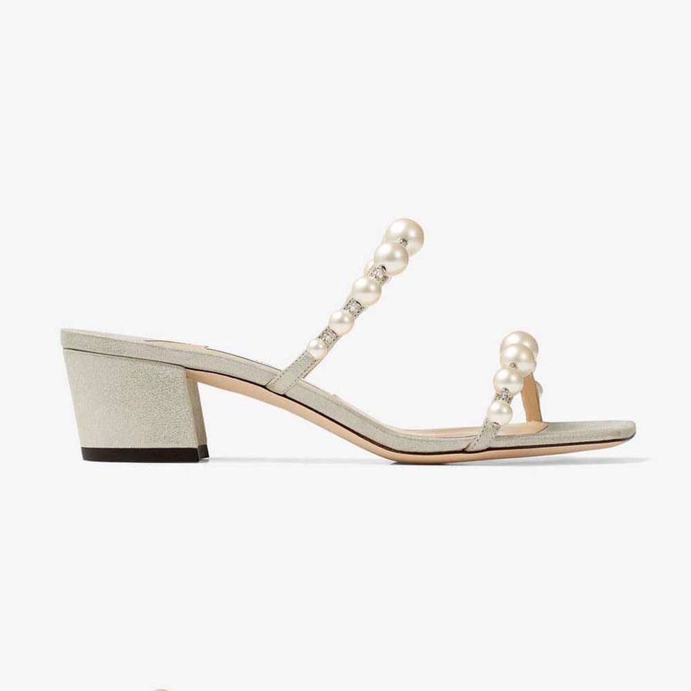 Jimmy Choo Women Amara 45 Champagne Shimmer Suede Mules with Pearl Embellishment 1 Jimmy Choo Women Amara 45 Champagne Shimmer Suede Mules with Pearl Embellishment