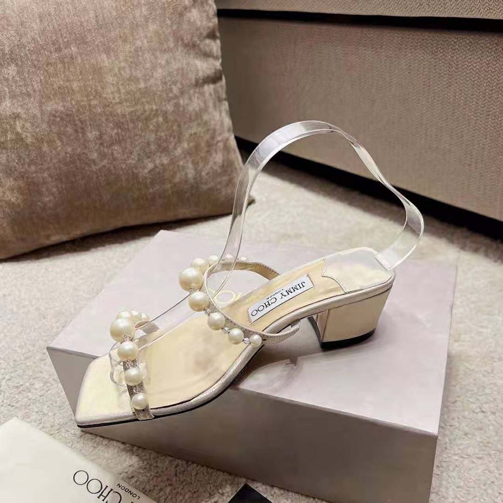 Jimmy Choo Women Amara 45 Champagne Shimmer Suede Mules with Pearl Embellishment 6 Jimmy Choo Women Amara 45 Champagne Shimmer Suede Mules with Pearl Embellishment - Image 6