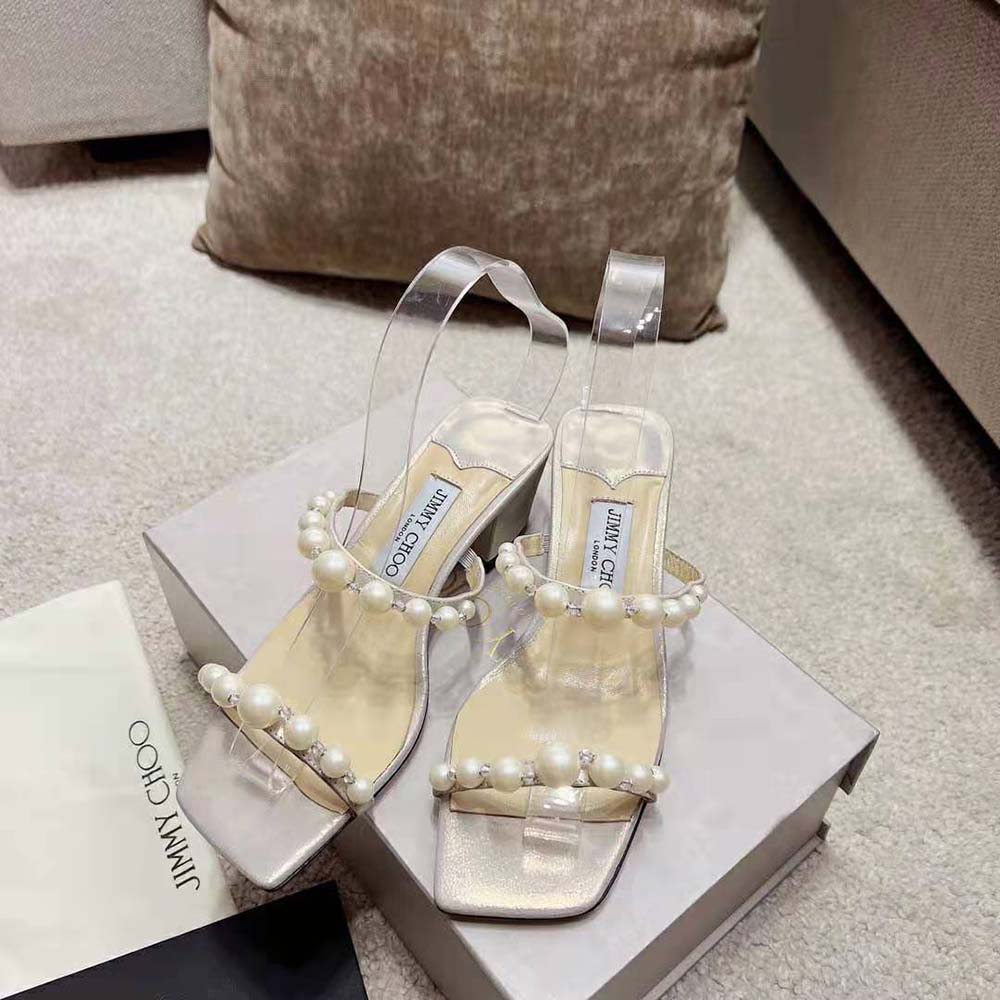 Jimmy Choo Women Amara 45 Champagne Shimmer Suede Mules with Pearl Embellishment 2 Jimmy Choo Women Amara 45 Champagne Shimmer Suede Mules with Pearl Embellishment - Image 2