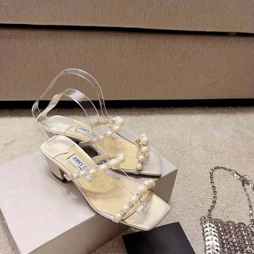 Jimmy Choo Women Amara 45 Champagne Shimmer Suede Mules with Pearl Embellishment 3 Jimmy Choo Women Amara 45 Champagne Shimmer Suede Mules with Pearl Embellishment - Image 3