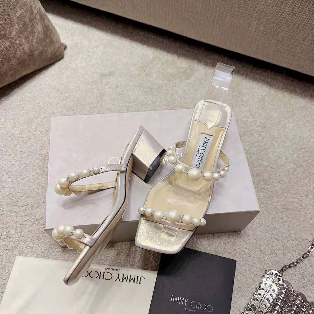 Jimmy Choo Women Amara 45 Champagne Shimmer Suede Mules with Pearl Embellishment 4 Jimmy Choo Women Amara 45 Champagne Shimmer Suede Mules with Pearl Embellishment - Image 4