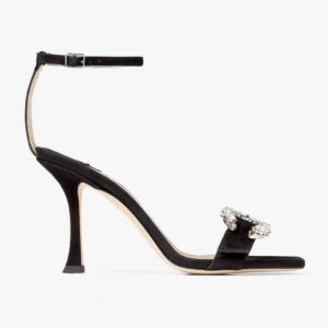 Jimmy Choo Women Marsai 90 Black Suede Sandals with Crystal Buckle