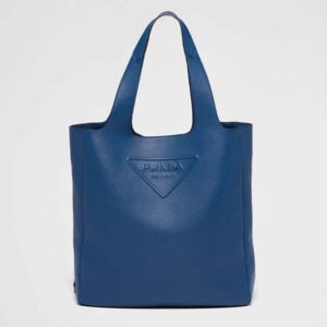 Prada Men Leather Tote Embossed Front Logo-Navy