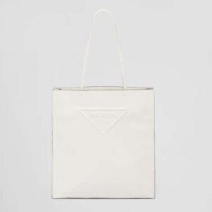 Prada Women Leather Tote Bag with Embossed Triangle Logo-White