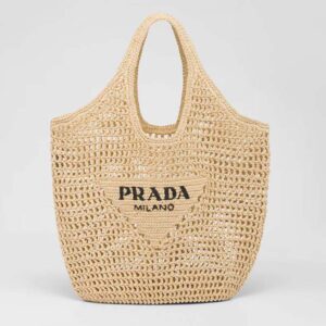 Prada Women Raffia Tote Bag with a Soft-Beige