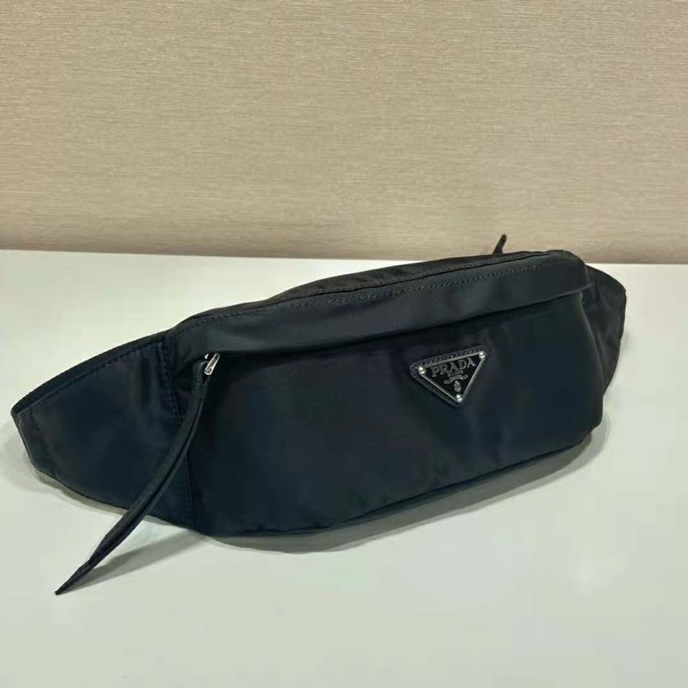 Prada Women Re Nylon Belt Bag with Enameled Metal Triangle Logo Black