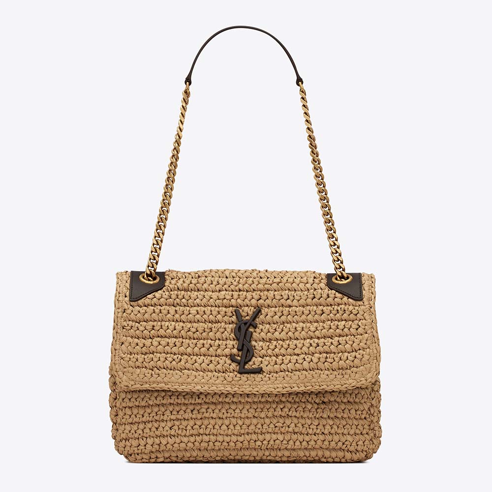 Saint Laurent YSL Women Niki Medium Chain Bag in Raffia and Leather-Brown