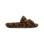 Balenciaga Women Furry Slide Sandal in Brown and Black Leopard Printed Fake Fur