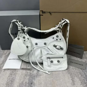 Balenciaga Women Le Cagole Mini Purse With Chain Crocodile Embossed-White