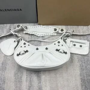 Balenciaga Women Le Cagole Mini Purse With Chain Crocodile Embossed-White