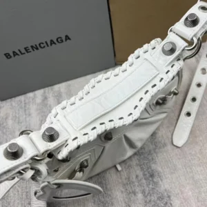 Balenciaga Women Le Cagole Mini Purse With Chain Crocodile Embossed-White