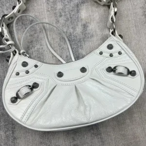 Balenciaga Women Le Cagole Mini Purse With Chain Crocodile Embossed-White