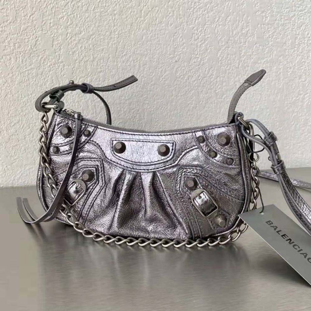 Balenciaga Women Le Cagole Mini Purse with Chain Metallized-Silver 3 Balenciaga Women Le Cagole Mini Purse with Chain Metallized-Silver - Image 3