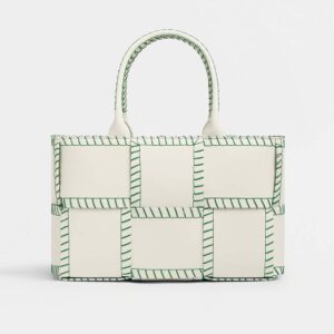 Bottega Veneta Women Arco Tote Small Intreccio Leather Tote Bag with Overlock Stitching-White