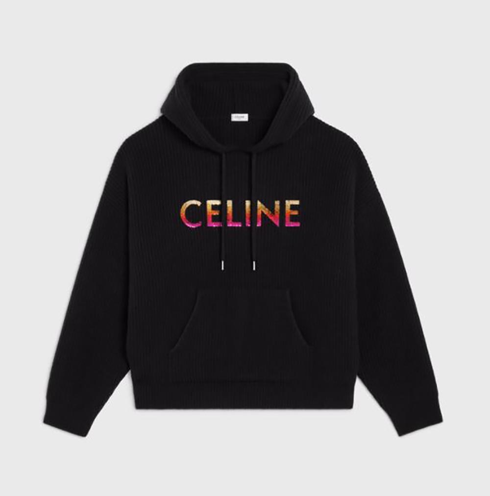 Celine Men Embroidered Hooded Sweater in Ribbed Wool-Black