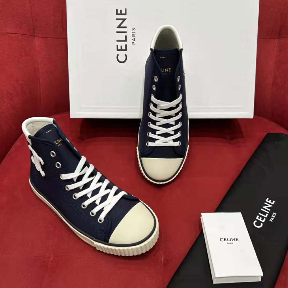 Celine Unisex Blank Mid Lace Up Sneaker with Toe Cap in Canvas and Calfskin 2 Celine Unisex Blank Mid Lace Up Sneaker with Toe Cap in Canvas and Calfskin - Image 2