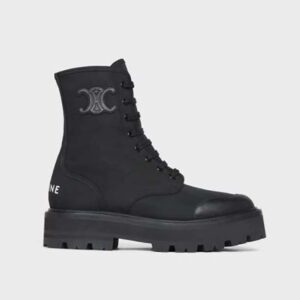 Celine Women Bulky Laced Up Boot in Nylon and Shiny Bull