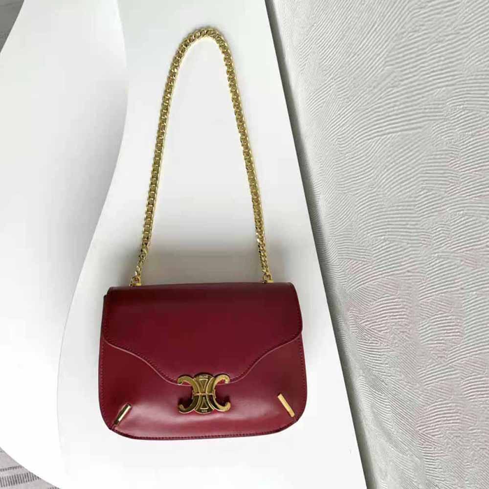 Celine Women Chain Besace Triomphe in Shiny Calfskin-Maroon