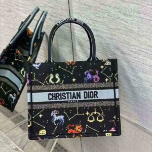 Dior Women Medium Dior Book Tote Black Multicolor Dior Pixel Zodiac  Embroidery