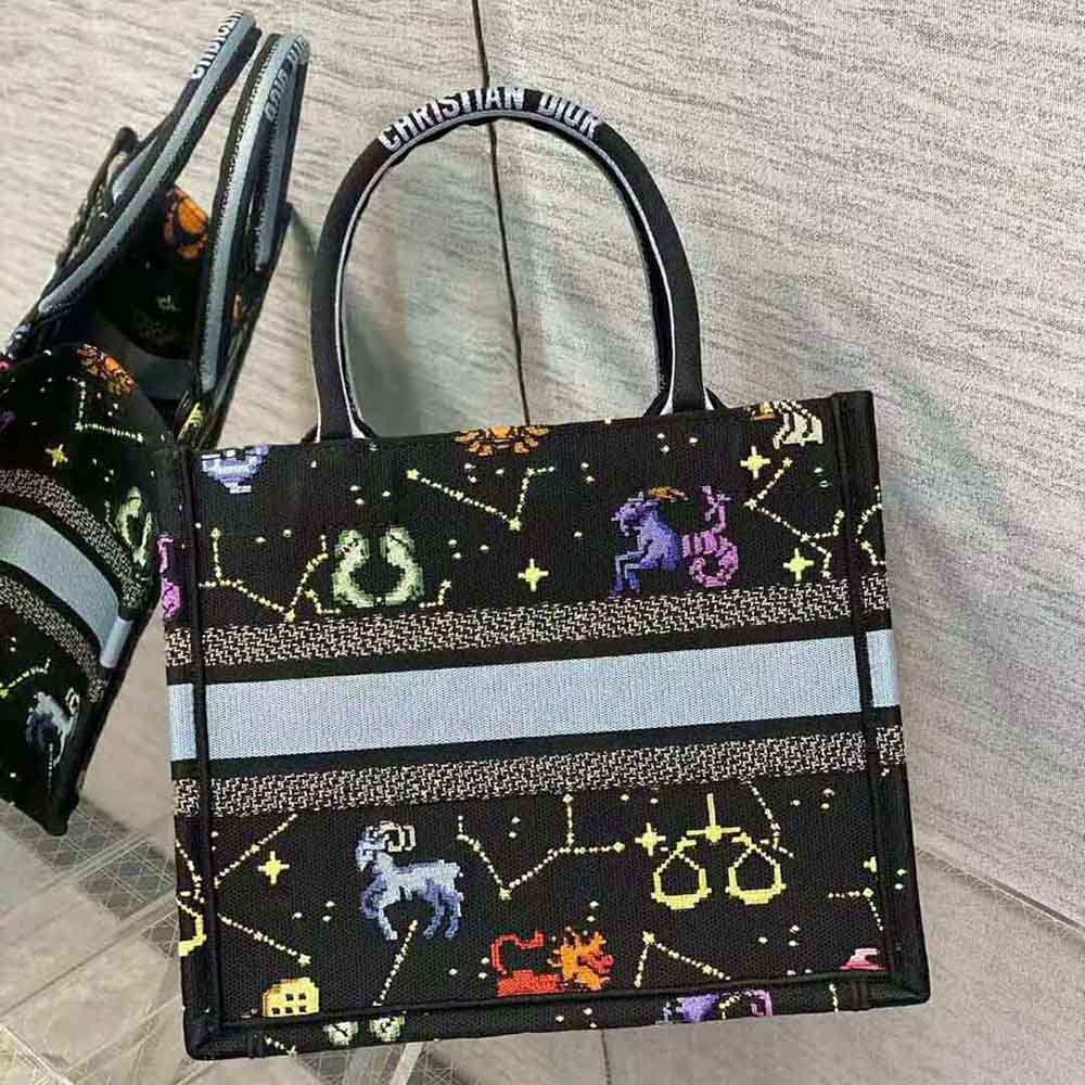 CHRISTIAN DIOR Canvas Embroidered Large Pixel Zodiac Book Tote
